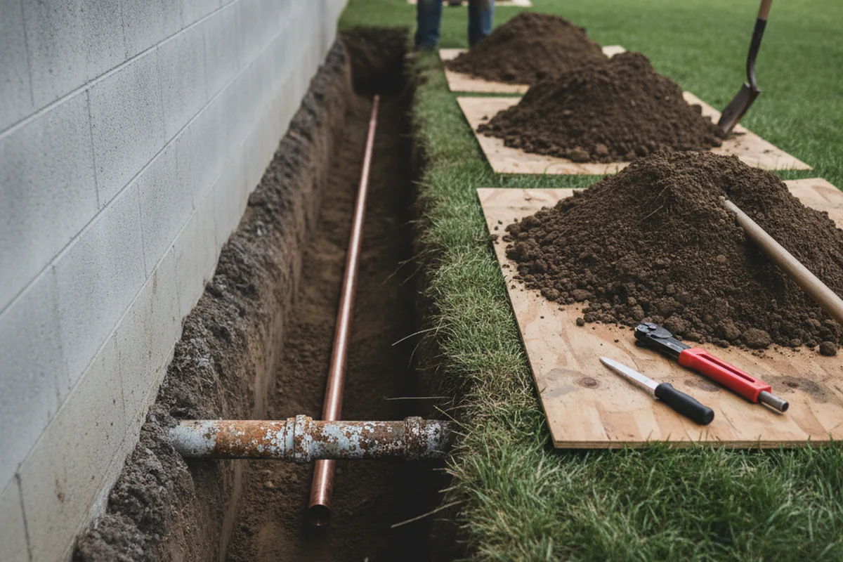 Excavated water line trench during Sewer Line Repair in Highland